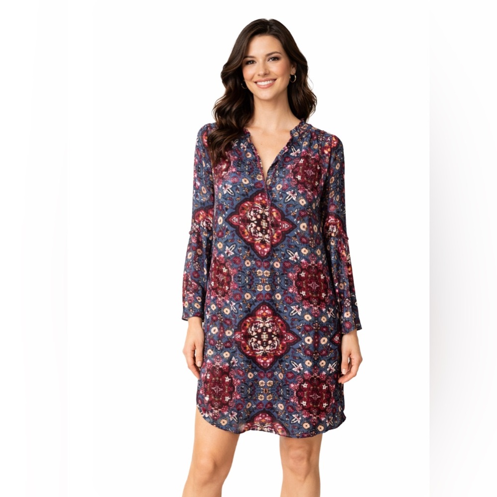 WHBM Dress Blue Red Plum Small 2 4 6 Long Sleeve Career Church NEW $150
